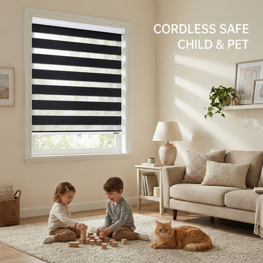 Zebra blinds color options: black, brown, cream, white and grey